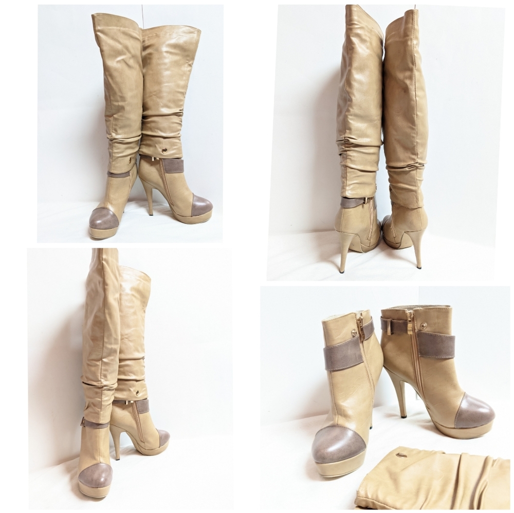 Knee And Ankle High Heels 5" Beige Boots Sz 6.5